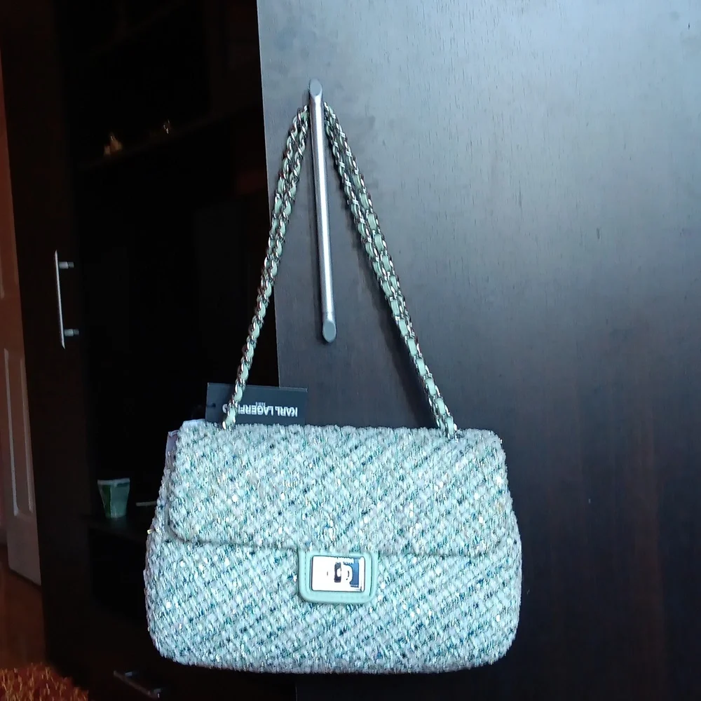 Karl Lagerfeld Paris Tweed Shoulder Bag in Mist Green - Picture 5 of 14